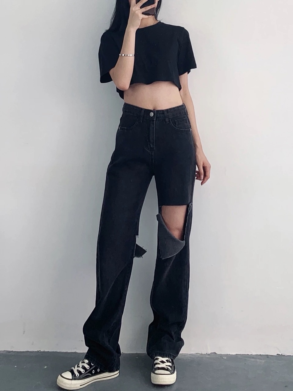 Vintage Black Distressed Cutout Knee Baggy Wide Leg Jeans